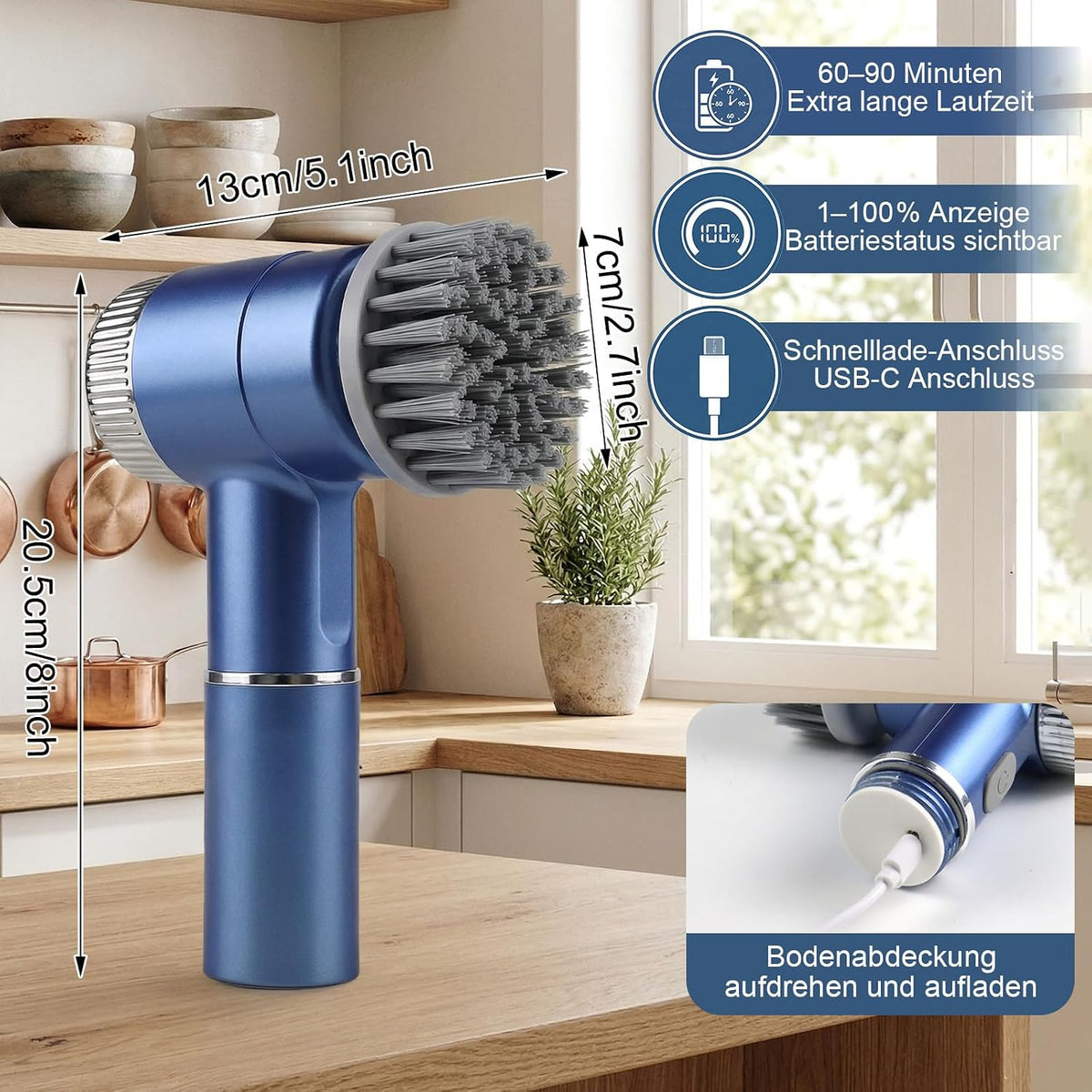 Elektrische Reinigungsbürste, Tragbare Kabellose Power Spin Scrubber Mit 5 Bürstenköpfen, 3 Geschwindigkeiten, Led-Display & IPX7 Wasserdicht, Cleaning Brush Für Bad, Fliesen, Küche, Boden, Auto