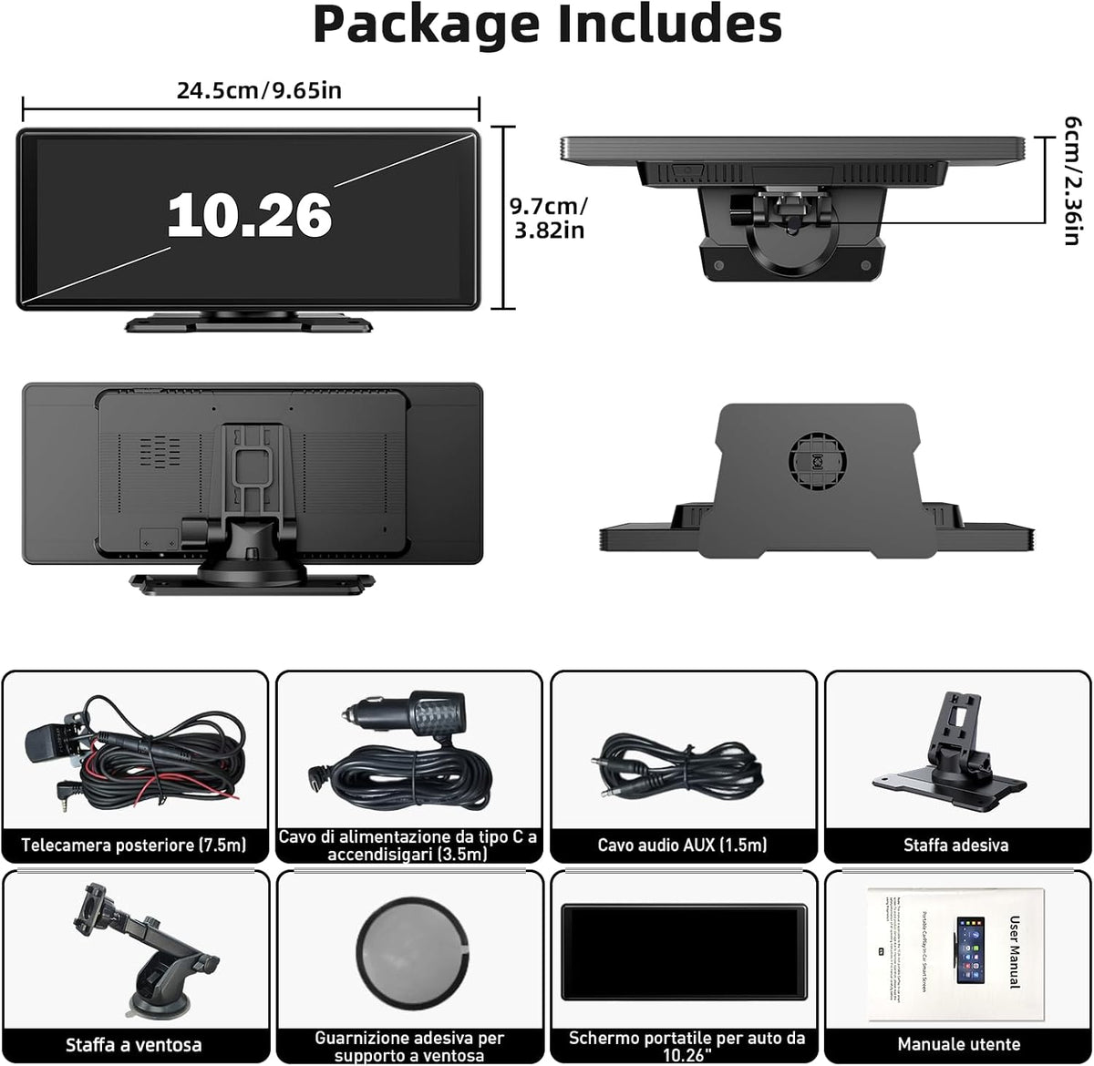 10,26 Zoll Carplay Display, Tragbarer Car Multimedia Player Mit Apple Carplay & Android Auto, Rückfahrkamera 1080P, IPS Touchscreen, Sprachsteuerung, GPS Navigation, Bt/Fm/Aux/Mirror Link