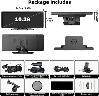 10,26 Zoll Carplay Display, Tragbarer Car Multimedia Player Mit Apple Carplay & Android Auto, Rückfahrkamera 1080P, IPS Touchscreen, Sprachsteuerung, GPS Navigation, Bt/Fm/Aux/Mirror Link