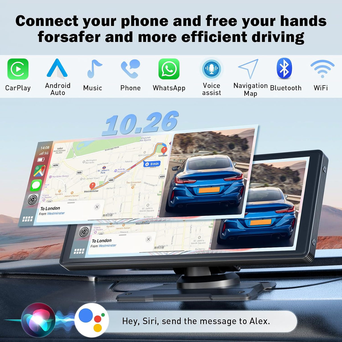 10,26 Zoll Carplay Display, Tragbarer Car Multimedia Player Mit Apple Carplay & Android Auto, Rückfahrkamera 1080P, IPS Touchscreen, Sprachsteuerung, GPS Navigation, Bt/Fm/Aux/Mirror Link