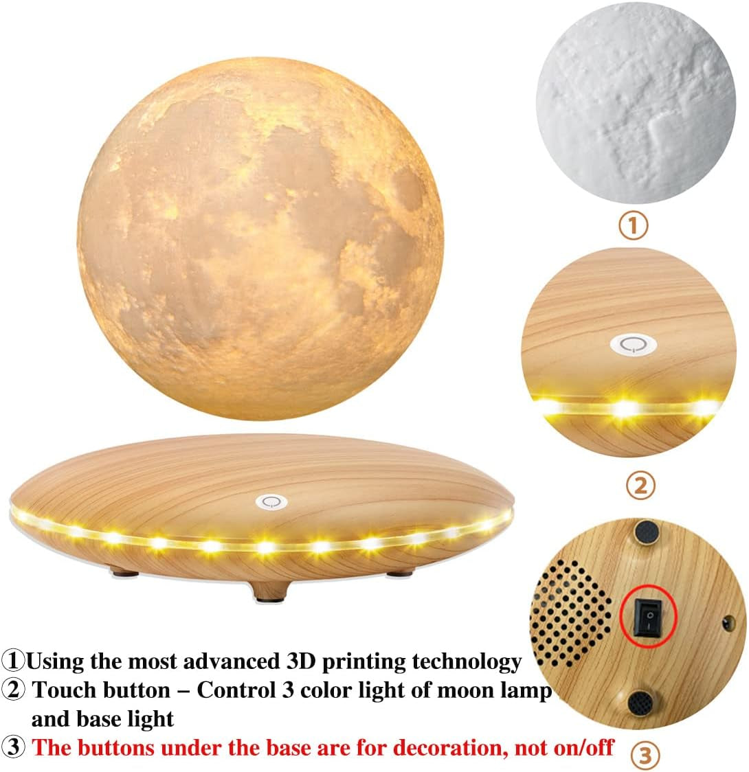 Levitating Moon Lamp, 3D Printing Moon Light Lamp with Touch Control and Wooden Base,Magnetic Floating Rotating LED Light Night for Home、Office Decor, Creative Gifts