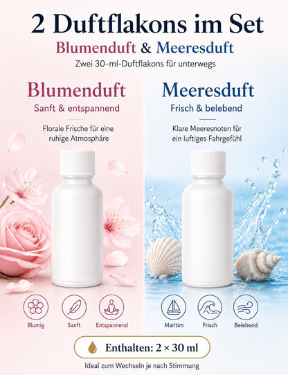 Auto Duft Lufterfrischer Doppel-Zerstäubung, 2 * 30Ml (Ozean & Fruchtduft), Elektrischer Autoduft, Ultraschall-Zerstäuber, Auto Ein/Ausschalten, Sternenhimmel-Licht, BJ 588