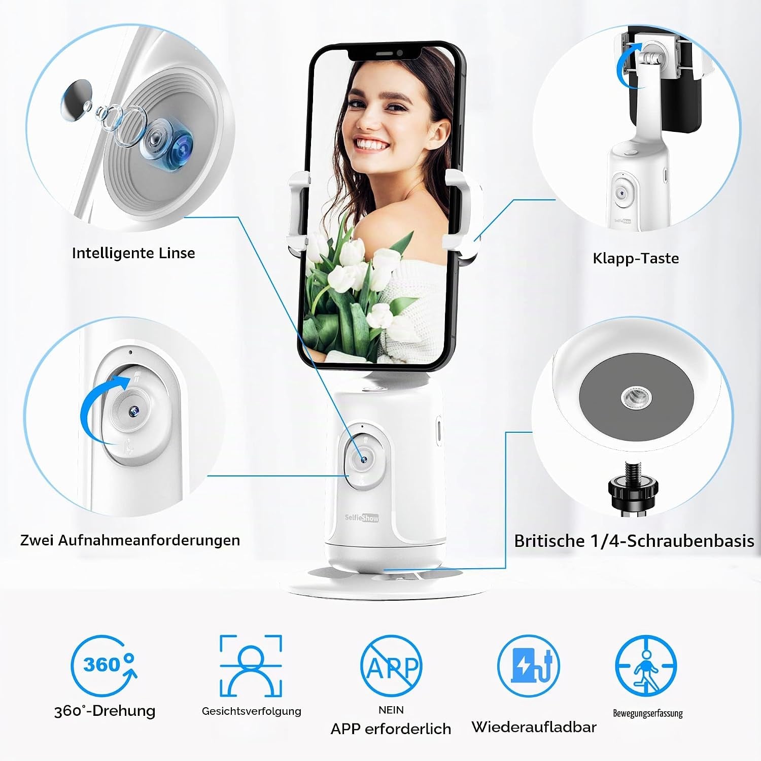 Auto Face Tracking Stativ, 360° Rotation Smart Tracking Telefonhalter, Keine App Nötig, Smart Gesicht Körper Tracking Selfie Stick Gimbal Stabilisator Für Videoaufnahme, Live Streaming, Vlog (Weiß)