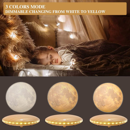 Levitating Moon Lamp, 3D Printing Moon Light Lamp with Touch Control and Wooden Base,Magnetic Floating Rotating LED Light Night for Home、Office Decor, Creative Gifts
