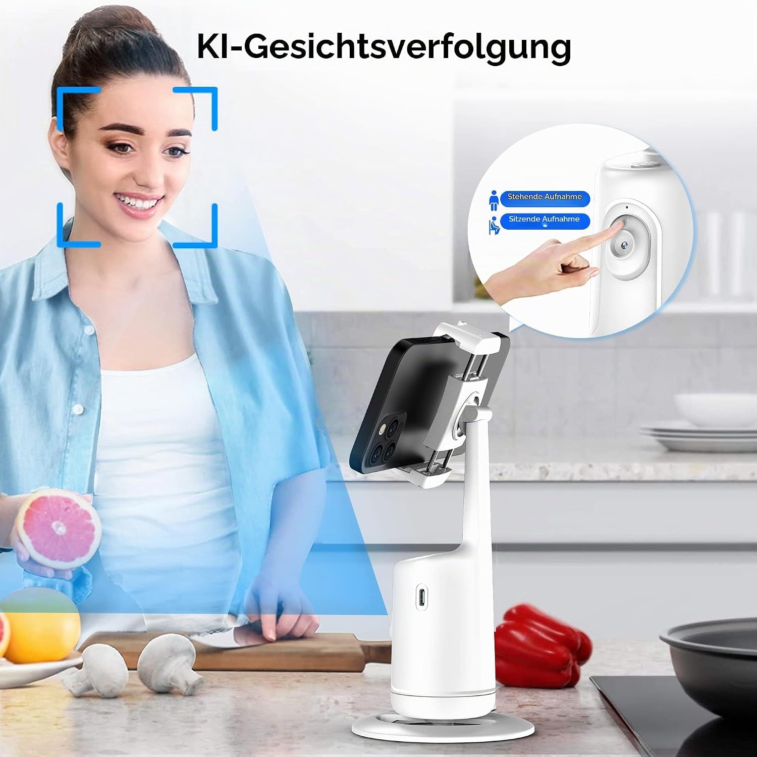 Auto Face Tracking Stativ, 360° Rotation Smart Tracking Telefonhalter, Keine App Nötig, Smart Gesicht Körper Tracking Selfie Stick Gimbal Stabilisator Für Videoaufnahme, Live Streaming, Vlog (Weiß)