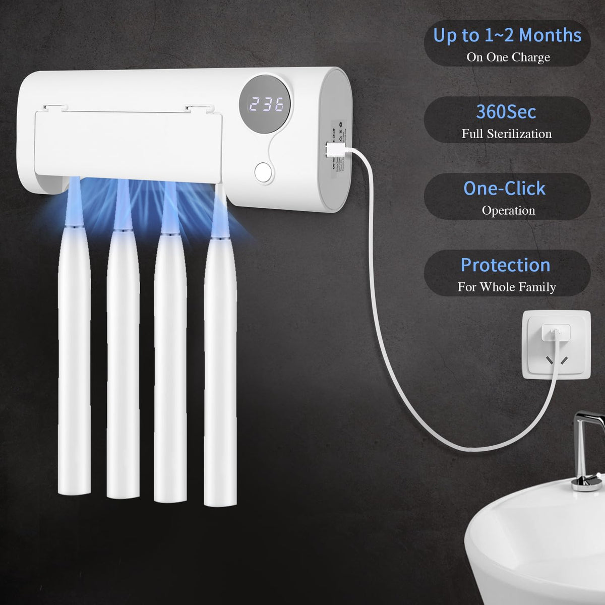 Zahnbürstenhalter Elektrische Zahnbürste, Zahnbürsten Sterilisator Mit UV Licht, Zahnbürstenhalter Wand, Zahnputzbecherhalter Ohne Bohren, USB Wiederaufladbar, Hygienischer Halter Für Das Badezimmer
