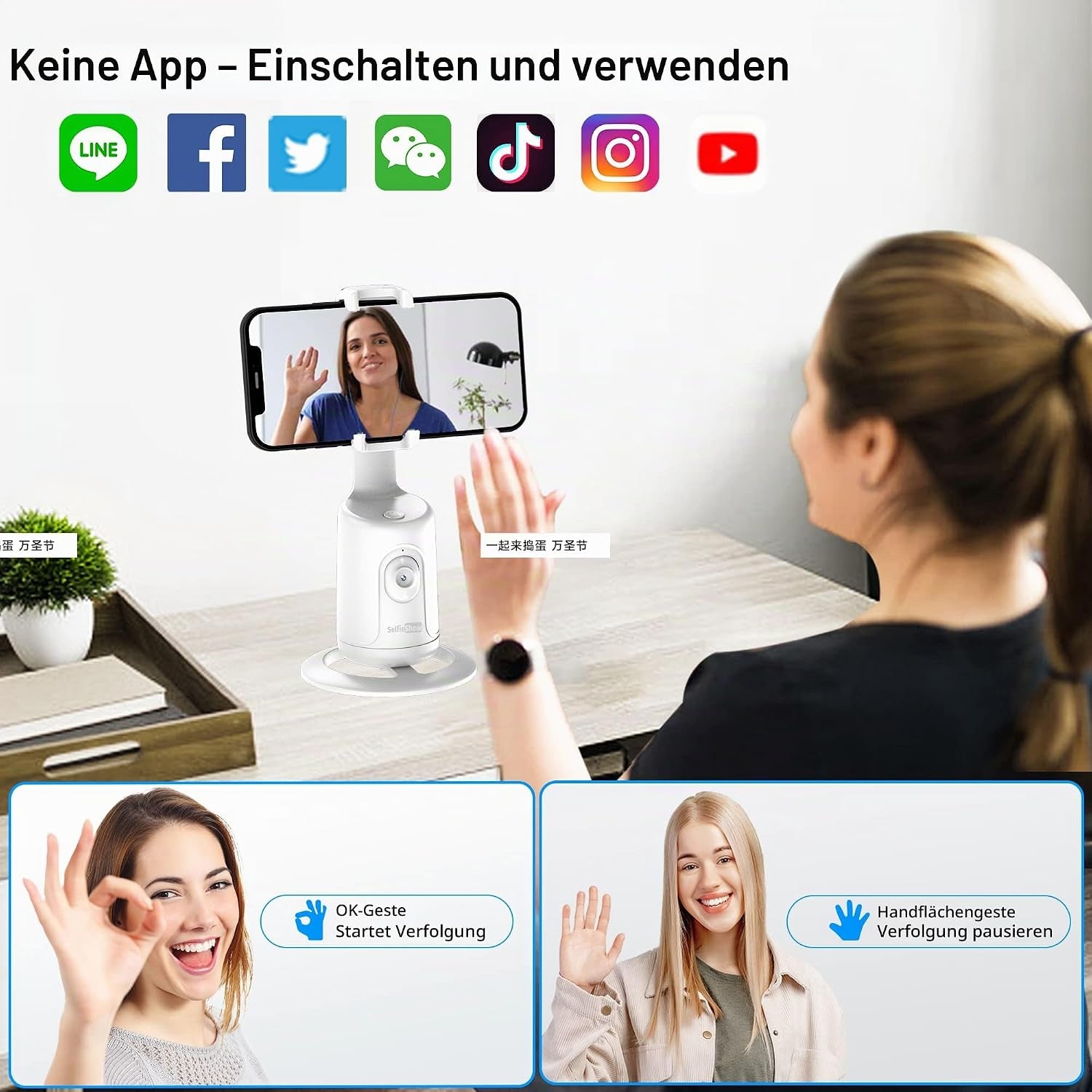 Auto Face Tracking Stativ, 360° Rotation Smart Tracking Telefonhalter, Keine App Nötig, Smart Gesicht Körper Tracking Selfie Stick Gimbal Stabilisator Für Videoaufnahme, Live Streaming, Vlog (Weiß)