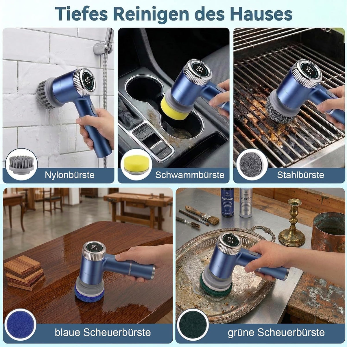 Elektrische Reinigungsbürste, Tragbare Kabellose Power Spin Scrubber Mit 5 Bürstenköpfen, 3 Geschwindigkeiten, Led-Display & IPX7 Wasserdicht, Cleaning Brush Für Bad, Fliesen, Küche, Boden, Auto