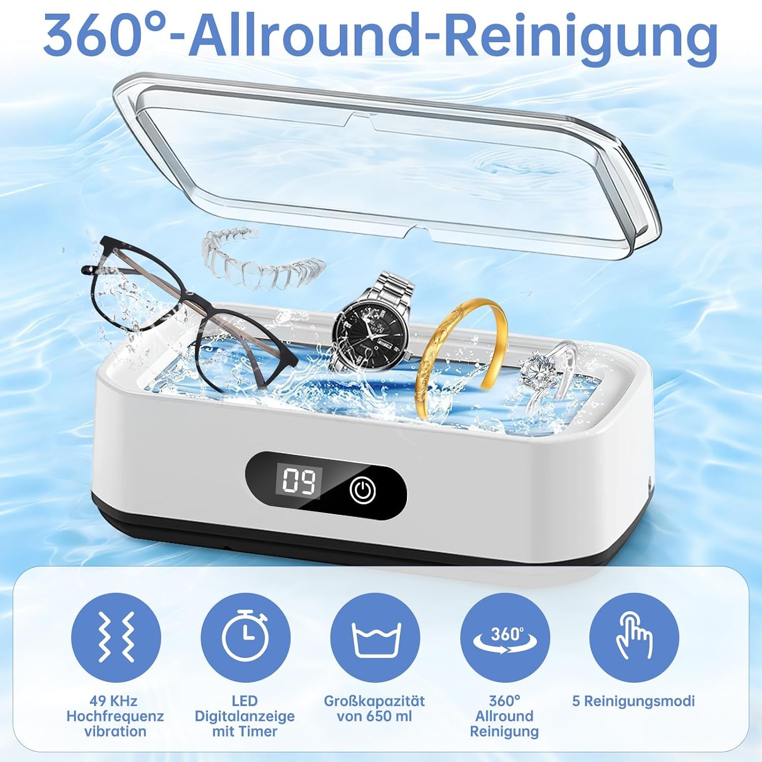 Ultraschallreiniger 49 Khz, 650 Ml Großkapazität, 360°-Allround-Reinigung, Ultraschallreinigungsgerät Für Brillen, Zahnersatz, Schmuck Und Make-Up-Pinsel