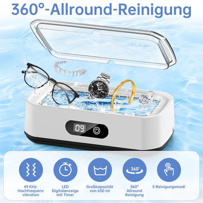 Ultraschallreiniger 49 Khz, 650 Ml Großkapazität, 360°-Allround-Reinigung, Ultraschallreinigungsgerät Für Brillen, Zahnersatz, Schmuck Und Make-Up-Pinsel
